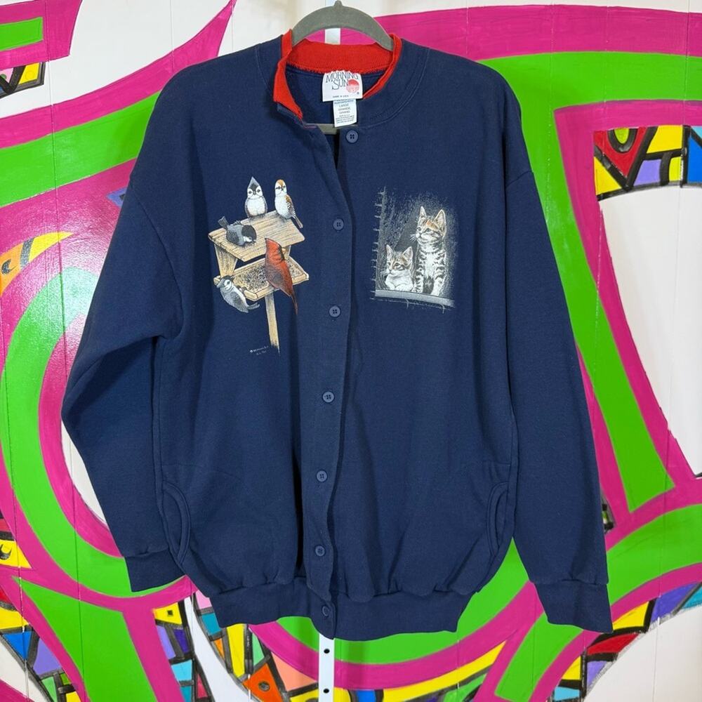 Morning Sun Navy Button Up Sweatshirt with Cat and Bird Design. Size Large.